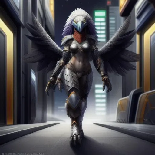 female, standing, skimpy armor, holding a long-bow, outside, futuristic city street, walking pass viewer, night
<lora:RPGAaarakocra:1>aarakocra:1.2, feathered wings,