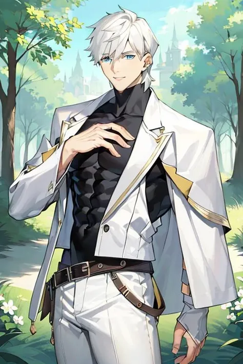 ((masterpiece)), ((best quality)), (ultra-detailed), absurdres, extremely detailed CG unity 8k wallpaper, Official Art, Accurate describe shapes, (realistic), detailed hands, expressive eyes, upper body, close-up, solo, (forest, scenery, dramatic light, illustration:1.1), (standing, arm at side, smile1.2), (1boy, mature male, muscular male, white hair, short hair, blue eyes:1.4), ( black bodysuit, white jacket, white pants:1.3), , ((masterpiece)), absurdres, HDR, percival (fate), <lora:Percival - FGO:0.7>