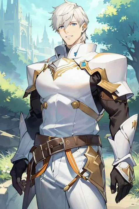 ((masterpiece)), ((best quality)), (ultra-detailed), absurdres, extremely detailed CG unity 8k wallpaper, Official Art, Accurate describe shapes, (realistic), detailed hands, expressive eyes, upper body, close-up, solo, (forest, scenery, dramatic light, illustration:1.1), (standing, arm at side, smile1.2), (1boy, mature male, muscular male, white hair, short hair, blue eyes:1.4), (white gauntlets, black bodysuit, white jacket, pauldrons, white pants:1.3), , ((masterpiece)), absurdres, HDR, percival (fate), <lora:Percival - FGO v2:0.7>>