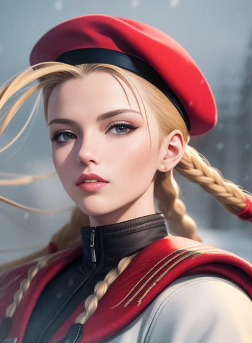 A ((masterpiece)) (detailed) Paint with textures and brushstroke, vivid colors, Of cammy-white wearing an heavy winter coat, in a snow fields , white light, white room, blowing air, twin braids, red beret, <lora:CammySF2:0.7>