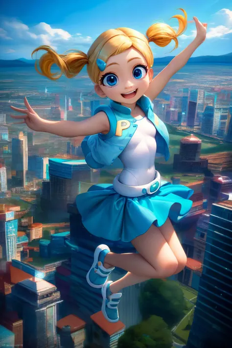 zPDXL,<lora:RealisticAnime:.7>,
1girl, miyako transformation, blue skirt, white leotard, sleeveless jacket, blue eyes, blonde hair, twintails, shoes, hair clip, looking at viewer, smiling, happy, flying, in air, cityscape, blue sky,  <lora:Miyako:.8>