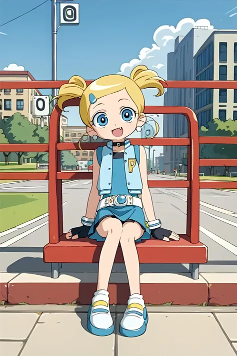 score_9, score_8_up, score_7_up, BREAK source_anime,masterpiece, best quality, highly detailed,absurdres, anime,highres,8k, shadow,uncensored,
, outdoors, simple background, theme park,
, cowboy shot, sitting,full body, 1girl, pure smile, fang,
, presenting self, looking at viewer, ,
, <lora:Miyako:0.8>,miyako transformation, blue skirt,vest,glove,earrings,blonde, <lora:StS_detail_slider_v1:2.0>