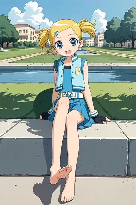 score_9, score_8_up, score_7_up, BREAK source_anime,masterpiece, best quality, highly detailed,absurdres, anime,highres,8k, shadow,uncensored,
, outdoors, simple background, theme park,
, cowboy shot, sitting,full body, 1girl, pure smile, fang,
, presenting self, looking at viewer, soles, focus legs,
, <lora:Miyako:0.8>,miyako transformation, blue skirt,vest,glove,earrings,blonde, <lora:StS_detail_slider_v1:2.0>