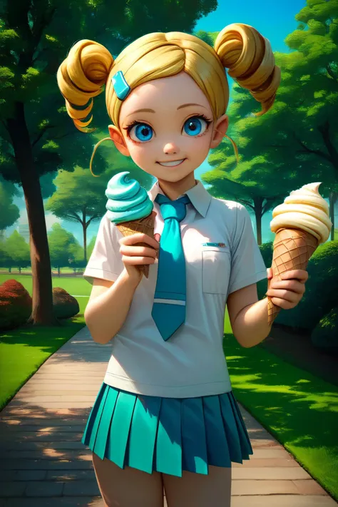 zPDXL,<lora:RealisticAnime:.7>,
1girl, miyako casual, blue eyes, blonde hair, twintails, neck tie, white shirt, pleated skirt, looking at viewer, smiling, standing, outside, park, trees, holding ice cream cone, blue sky, <lora:Miyako:.8>