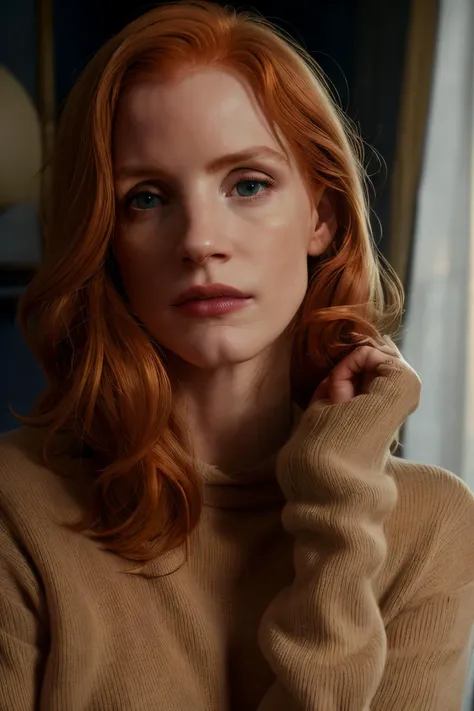 dlsr of jsch4, red hair,long hair,looking at viewer,wearing sweater,golden hour,in a room,rainy weather,masterpiece,8k,soft lighting,cinematic,volumetric lighting <lora:jsch4-05:1>
