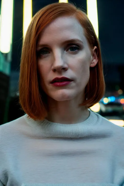 photo of jsch4, red hair,medium length straight hair,by boris vallejo,looking at viewer,wearing sweater,cityscape,night,neon lights,masterpiece,8k,soft lighting,cinematic,volumetric lighting <lora:jsch4-05:1>