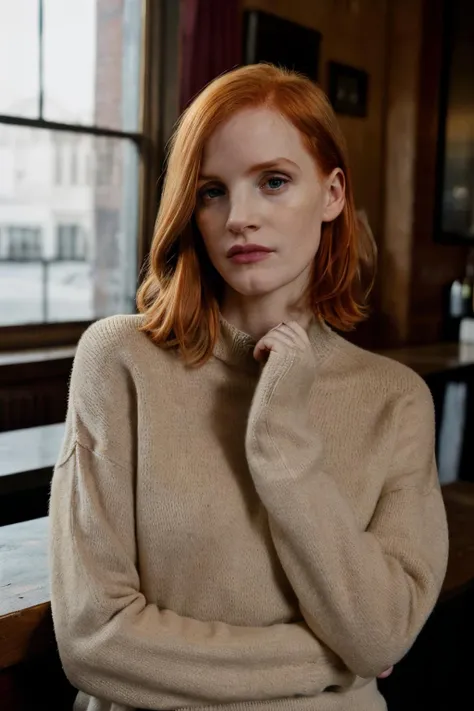 dlsr of jsch4, red hair,medium length hair,looking at viewer,wearing sweater,gloomy,in a bar looking through a window,masterpiece,8k,soft lighting,cinematic,volumetric lighting <lora:jsch4-05:1>
