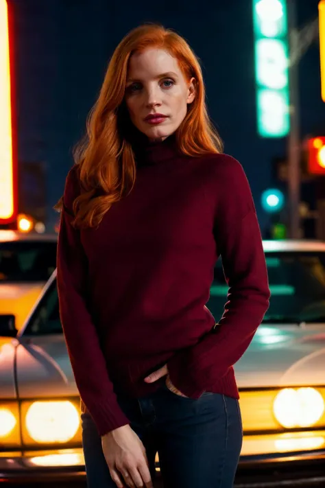 photo of jsch4, red hair,long hair,by boris vallejo,looking at viewer,wearing sweater,cityscape,night,neon lights,masterpiece,8k,soft lighting,cinematic,volumetric lighting <lora:jsch4-05:1>,sharp,detailed skin, <lora:add_detail:1> (add_detail:1.3)