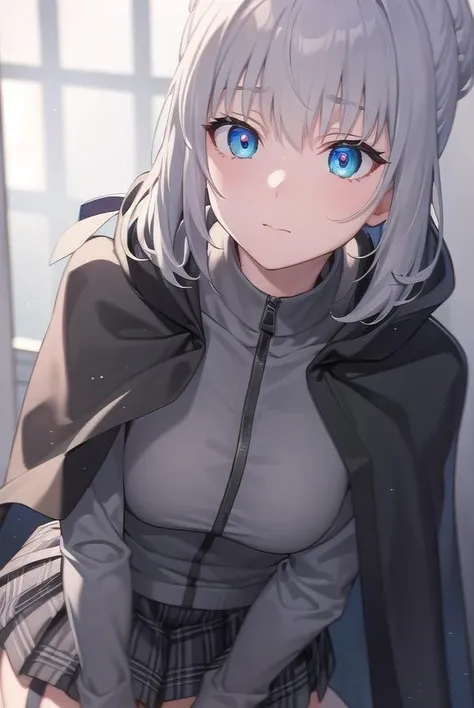 fgogray, <lora:gray-lora-nochekaiser:1>,
gray, blue eyes, short hair, grey hair, ahoge,
BREAK hair bun, hair ribbon, ribbon, black cape, black footwear, black ribbon, black shirt, black thighhighs, cape, grey skirt, hood, long sleeves, miniskirt, plaid, plaid skirt, pleated skirt, ribbon, shirt, skirt, solo, thighhighs, zettai ryouiki,
BREAK looking at viewer,
BREAK indoors,
BREAK <lyco:GoodHands-beta2:1>, (masterpiece:1.2), best quality, high resolution, unity 8k wallpaper, (illustration:0.8), (beautiful detailed eyes:1.6), extremely detailed face, perfect lighting, extremely detailed CG, (perfect hands, perfect anatomy),