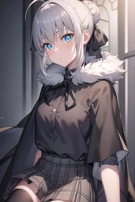 fgogray, <lora:gray-lora-nochekaiser:1>,
gray, blue eyes, short hair, grey hair, ahoge,
BREAK hair bun, hair ribbon, ribbon, black cape, black footwear, black ribbon, black shirt, black thighhighs, cape, grey skirt, hood, long sleeves, miniskirt, plaid, plaid skirt, pleated skirt, ribbon, shirt, skirt, solo, thighhighs, zettai ryouiki,
BREAK looking at viewer,
BREAK indoors,
BREAK <lyco:GoodHands-beta2:1>, (masterpiece:1.2), best quality, high resolution, unity 8k wallpaper, (illustration:0.8), (beautiful detailed eyes:1.6), extremely detailed face, perfect lighting, extremely detailed CG, (perfect hands, perfect anatomy),