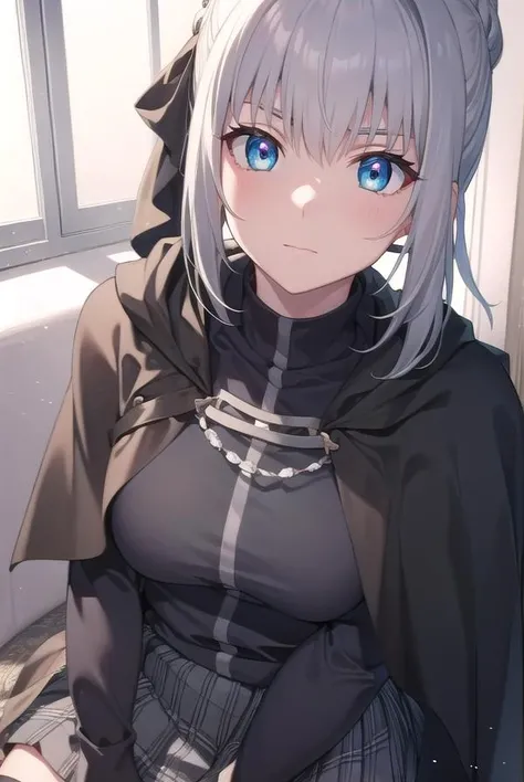fgogray, <lora:gray-lora-nochekaiser:1>,
gray, blue eyes, short hair, grey hair, ahoge,
BREAK hair bun, hair ribbon, ribbon, black cape, black footwear, black ribbon, black shirt, black thighhighs, cape, grey skirt, hood, long sleeves, miniskirt, plaid, plaid skirt, pleated skirt, ribbon, shirt, skirt, solo, thighhighs, zettai ryouiki,
BREAK looking at viewer,
BREAK indoors,
BREAK <lyco:GoodHands-beta2:1>, (masterpiece:1.2), best quality, high resolution, unity 8k wallpaper, (illustration:0.8), (beautiful detailed eyes:1.6), extremely detailed face, perfect lighting, extremely detailed CG, (perfect hands, perfect anatomy),