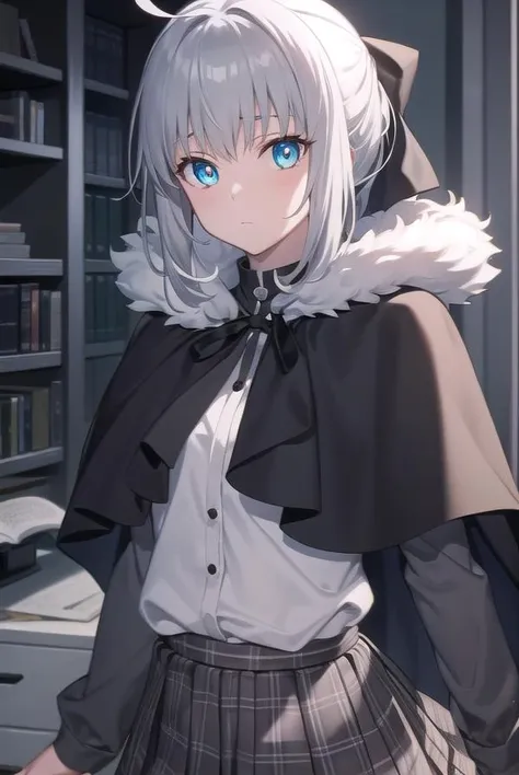 fgogray, <lora:gray-lora-nochekaiser:1>,
gray, blue eyes, short hair, grey hair, ahoge,
BREAK black cape, black footwear, black ribbon, black shirt, black thighhighs, cape, grey skirt, hood, long sleeves, miniskirt, plaid, plaid skirt, pleated skirt, ribbon, shirt, skirt, solo, thighhighs, zettai ryouiki,
BREAK looking at viewer,
BREAK indoors,
BREAK <lyco:GoodHands-beta2:1>, (masterpiece:1.2), best quality, high resolution, unity 8k wallpaper, (illustration:0.8), (beautiful detailed eyes:1.6), extremely detailed face, perfect lighting, extremely detailed CG, (perfect hands, perfect anatomy),
