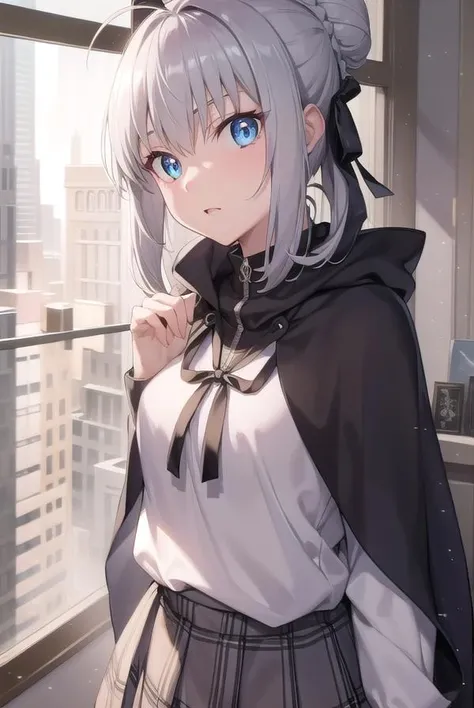 fgogray, <lora:gray-lora-nochekaiser:1>,
gray, blue eyes, short hair, grey hair, ahoge,
BREAK hair bun, hair ribbon, ribbon, black cape, black footwear, black ribbon, black shirt, black thighhighs, cape, grey skirt, hood, long sleeves, miniskirt, plaid, plaid skirt, pleated skirt, ribbon, shirt, skirt, solo, thighhighs, zettai ryouiki,
BREAK looking at viewer,
BREAK indoors,
BREAK <lyco:GoodHands-beta2:1>, (masterpiece:1.2), best quality, high resolution, unity 8k wallpaper, (illustration:0.8), (beautiful detailed eyes:1.6), extremely detailed face, perfect lighting, extremely detailed CG, (perfect hands, perfect anatomy),