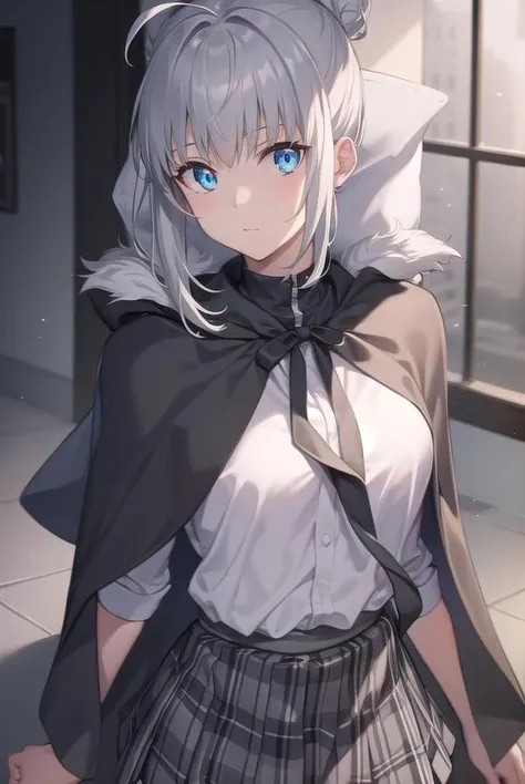 fgogray, <lora:gray-lora-nochekaiser:1>,
gray, blue eyes, short hair, grey hair, ahoge,
BREAK hair bun, hair ribbon, ribbon, black cape, black footwear, black ribbon, black shirt, black thighhighs, cape, grey skirt, hood, long sleeves, miniskirt, plaid, plaid skirt, pleated skirt, ribbon, shirt, skirt, solo, thighhighs, zettai ryouiki,
BREAK looking at viewer,
BREAK indoors,
BREAK <lyco:GoodHands-beta2:1>, (masterpiece:1.2), best quality, high resolution, unity 8k wallpaper, (illustration:0.8), (beautiful detailed eyes:1.6), extremely detailed face, perfect lighting, extremely detailed CG, (perfect hands, perfect anatomy),