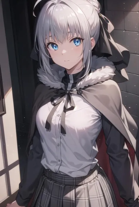 fgogray, <lora:gray-lora-nochekaiser:1>,
gray, blue eyes, short hair, grey hair, ahoge, 
BREAK hair bun, hair ribbon, ribbon, black cape, black footwear, black ribbon, black shirt, black thighhighs, cape, grey skirt, hood, long sleeves, miniskirt, plaid, plaid skirt, pleated skirt, ribbon, shirt, skirt, solo, thighhighs, zettai ryouiki,
BREAK looking at viewer,
BREAK indoors,
BREAK <lyco:GoodHands-beta2:1>, (masterpiece:1.2), best quality, high resolution, unity 8k wallpaper, (illustration:0.8), (beautiful detailed eyes:1.6), extremely detailed face, perfect lighting, extremely detailed CG, (perfect hands, perfect anatomy),