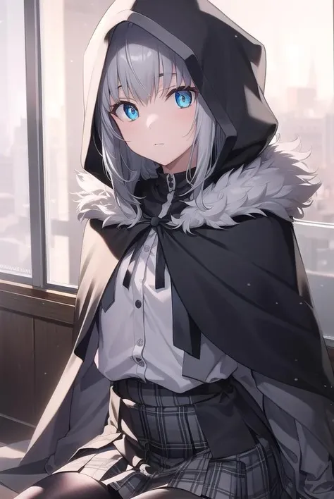 fgogray, <lora:gray-lora-nochekaiser:1>,
gray, blue eyes, short hair, grey hair, ahoge,
BREAK black cape, black footwear, black ribbon, black shirt, black thighhighs, cape, grey skirt, hood, hood up, long sleeves, miniskirt, plaid, plaid skirt, pleated skirt, ribbon, shirt, skirt, solo, thighhighs, zettai ryouiki,
BREAK looking at viewer,
BREAK indoors,
BREAK <lyco:GoodHands-beta2:1>, (masterpiece:1.2), best quality, high resolution, unity 8k wallpaper, (illustration:0.8), (beautiful detailed eyes:1.6), extremely detailed face, perfect lighting, extremely detailed CG, (perfect hands, perfect anatomy),