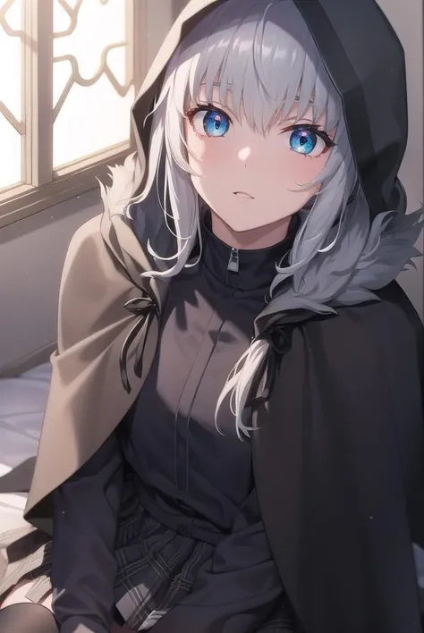fgogray, <lora:gray-lora-nochekaiser:1>,
gray, blue eyes, short hair, grey hair, ahoge,
BREAK black cape, black footwear, black ribbon, black shirt, black thighhighs, cape, grey skirt, hood, hood up, long sleeves, miniskirt, plaid, plaid skirt, pleated skirt, ribbon, shirt, skirt, solo, thighhighs, zettai ryouiki,
BREAK looking at viewer,
BREAK indoors,
BREAK <lyco:GoodHands-beta2:1>, (masterpiece:1.2), best quality, high resolution, unity 8k wallpaper, (illustration:0.8), (beautiful detailed eyes:1.6), extremely detailed face, perfect lighting, extremely detailed CG, (perfect hands, perfect anatomy),