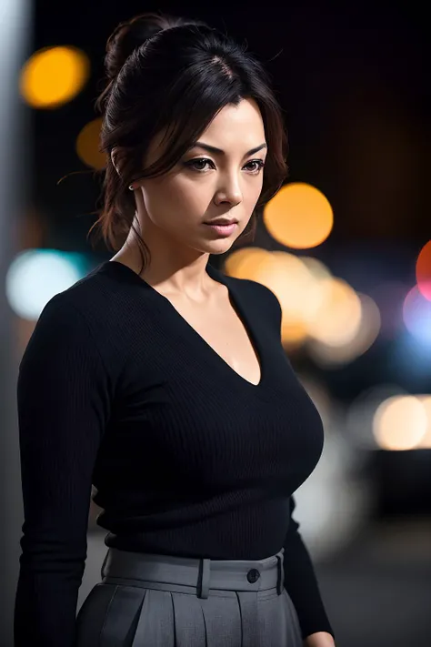 photo of beautiful (m1ngnawen-600:0.99), a woman as a movie star, hair upsweep updo, sweater off-shoulders, trousers, at a movie premiere gala, dark moody ambience (masterpiece:1.2) (photorealistic:1.2) (bokeh) (best quality) (detailed skin:1.2) (intricate details) (nighttime) (8k) (HDR) (cinematic lighting) (sharp focus)