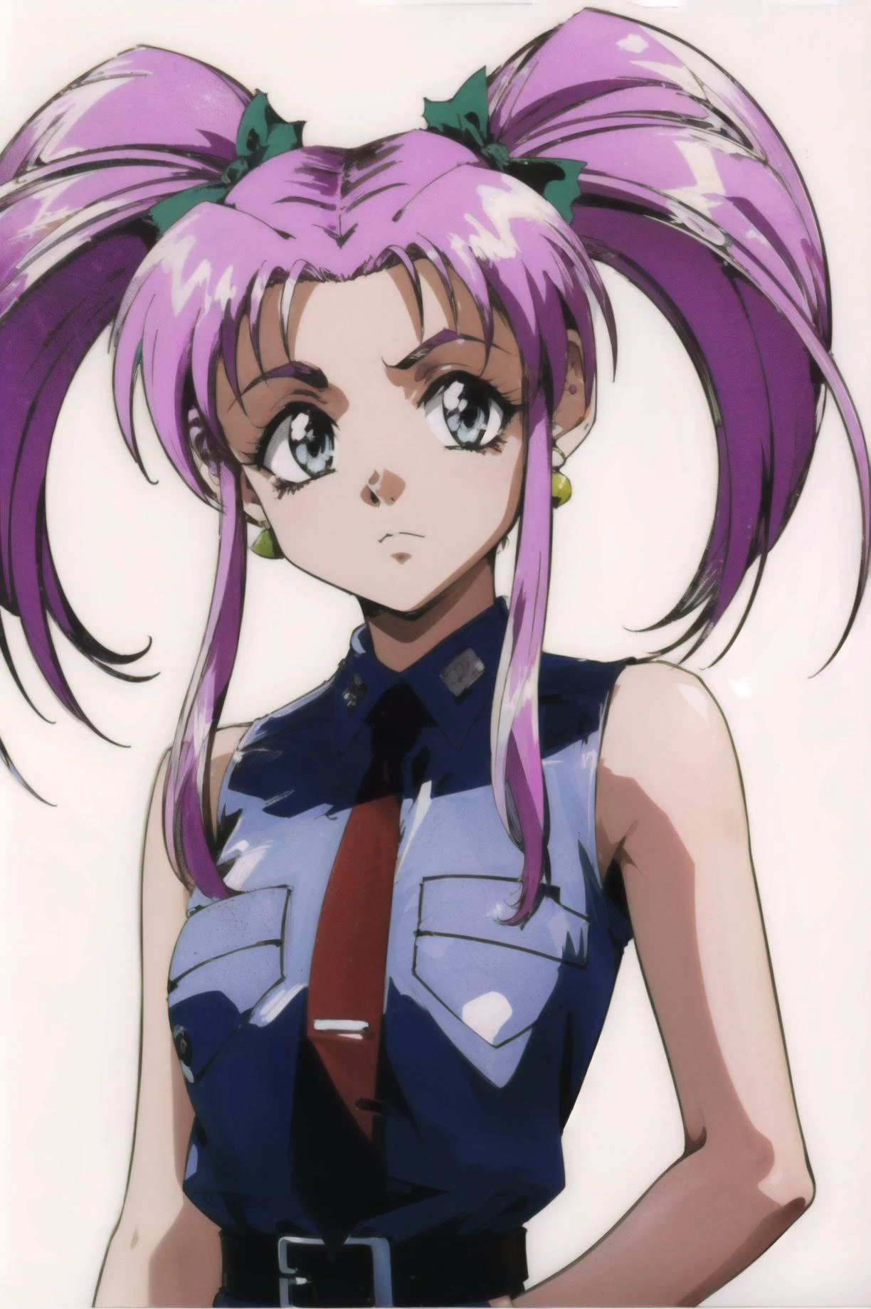 (simple white background:1.4), masterpiece, best quality, 1girl, looking at viewer, ultra detailed, medium shot, <lora:lirika_FW:1> , long hair, twintails, pink hair, red necktie, belt, sleeveless shirt, earrings,