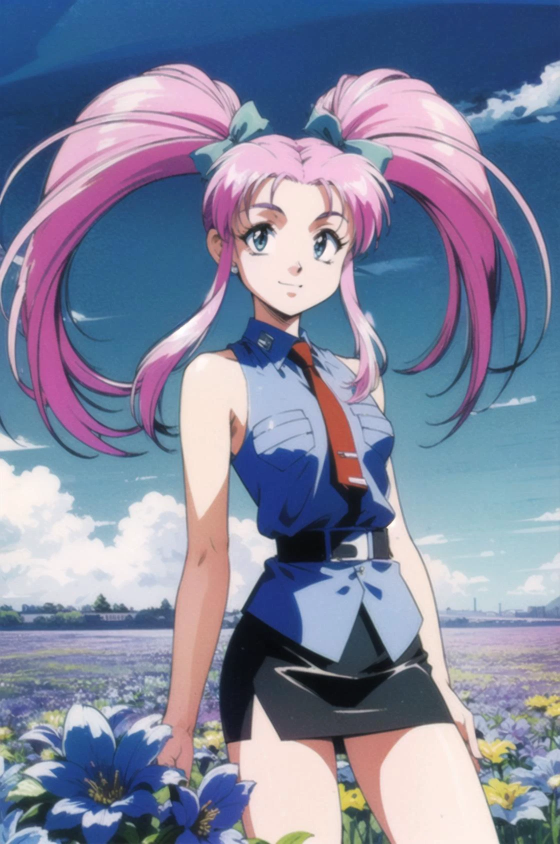 (flower field:1.3), masterpiece, best quality, 1girl, looking at viewer, ultra detailed, medium shot, <lora:lirika_FW:0.9> , long hair, twintails, pink hair, red necktie, belt, sleeveless shirt, black miniskirt, smile