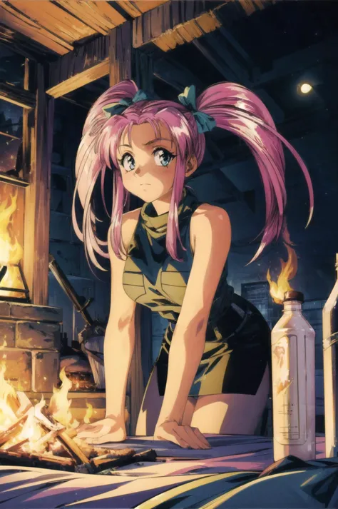 masterpiece, best quality, 1girl, looking at viewer, ultra detailed, <lora:add_detail:0.5>, <lora:lirika_FW:0.9> ,long hair, twintails, pink hair , campfire, crackling flames, cozy warmth, nighttime ambiance, 0 0