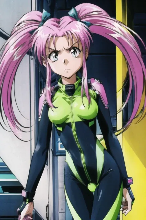 masterpiece, best quality, 1girl, looking at viewer, ultra detailed, <lora:add_detail:0.5>, <lora:lirika_FW:0.9> ,long hair, twintails, pink hair , black and yellow plugsuit, annoyed,
