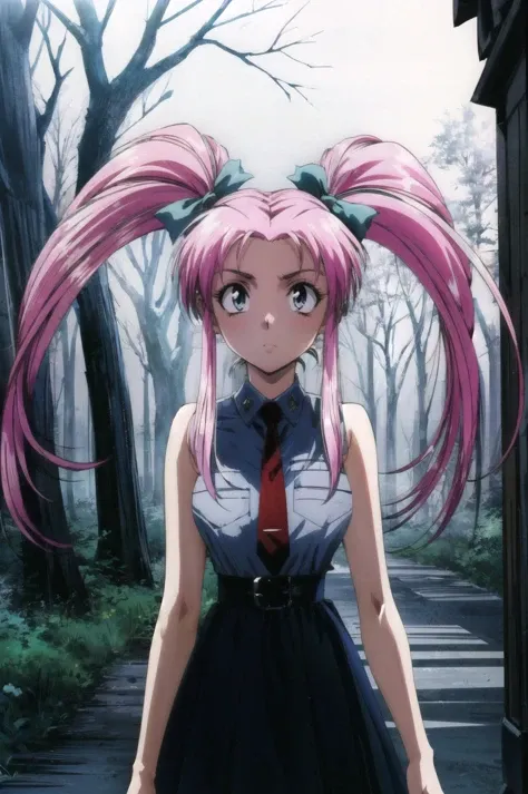 masterpiece, best quality, 1girl, looking at viewer, ultra detailed, <lora:add_detail:0.5>, <lora:lirika_FW:0.9> ,long hair, twintails, pink hair ,  cursed forest, twisted trees, eerie sounds, paranormal phenomena, > <