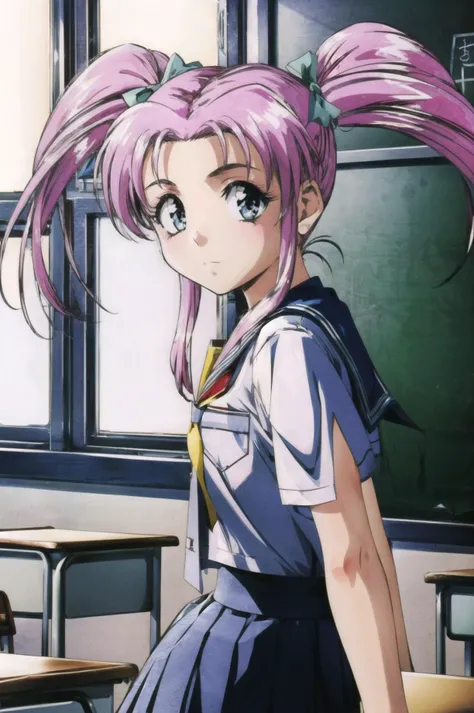 masterpiece, best quality, 1girl, looking at viewer, ultra detailed, <lora:add_detail:0.5>, <lora:lirika_FW:0.9> ,long hair, twintails, pink hair , school uniform, (classroom:1.2), desk, chalkboard, window