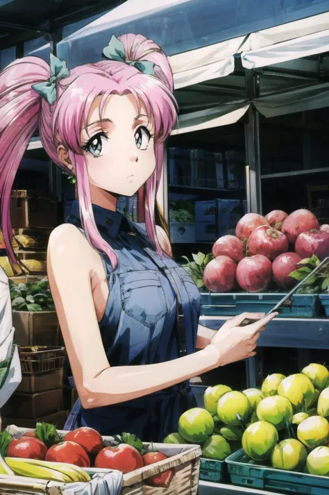 masterpiece, best quality, 1girl, looking at viewer, ultra detailed, <lora:add_detail:0.5>, <lora:lirika_FW:0.9> ,long hair, twintails, pink hair , farmers' market, fresh produce, artisanal goods, lively,