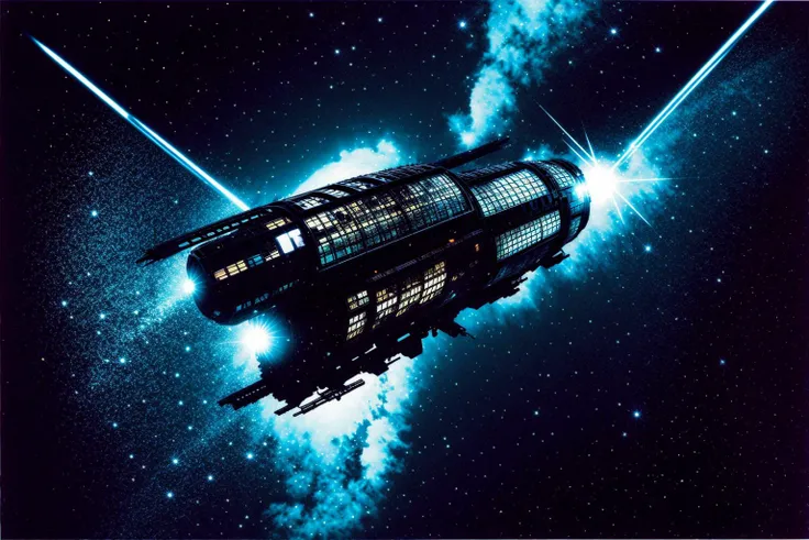 masterpiece, grimdark, retro sci-fi scenery, lens flare, nebula, stars, (in space, space), dark, ((panoramic,)) (derelict starship ((floating in space)) surrounded by metal debris), lifeless space hulk, dead spaceship, sci-fi, uhd, extremely detailed, 8k, intricate details, by Chris Foss, by John Berkey, by Jim Burns, no humans, <lora:Haruhiko Mikimoto_v30:0.7>