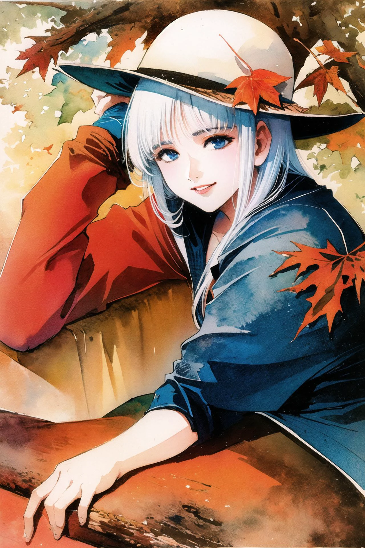 solo, hat, 1girl, painting (medium), watercolor (medium), head rest, traditional media, lips, white hair, blue eyes, leaf, autumn, smile, 1980s (style), <lora:msbqy:0.9>