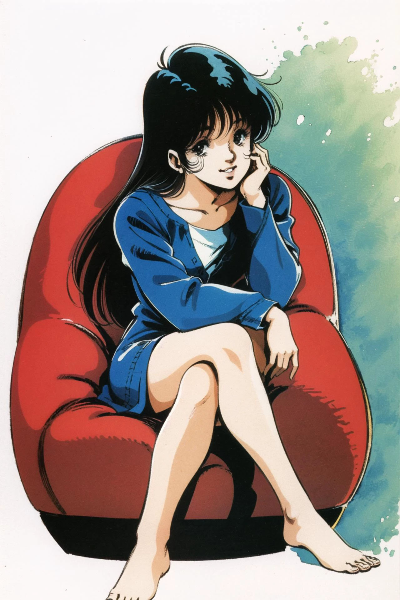 solo, 1girl, barefoot, sitting, retro artstyle, long hair, black hair, 1980s (style), feet, full body, simple background, white background, traditional media, crossed legs, sleeves rolled up, watercolor \(medium\), <lora:ç¾æ æ¬æ´å½¦V3:1>