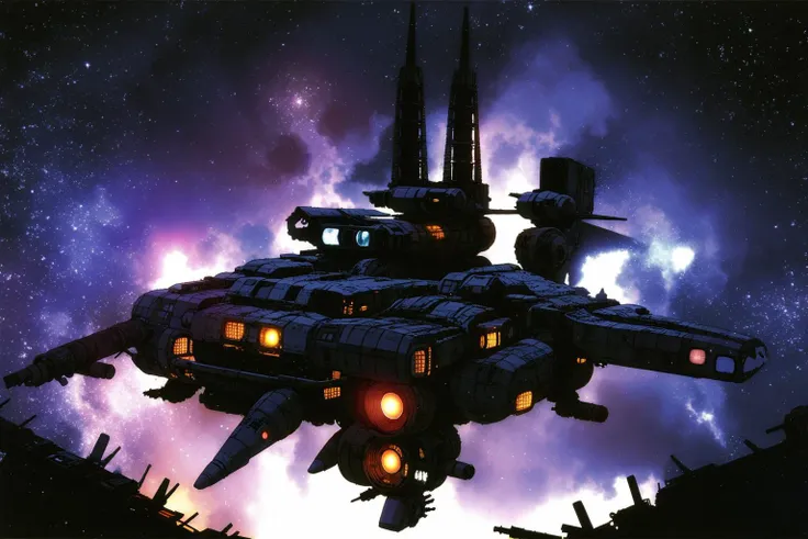 masterpiece, grimdark, retro sci-fi scenery, lens flare, nebula, stars, (in space, space), dark, ((panoramic,)) (derelict starship ((floating in space)) surrounded by metal debris), lifeless space hulk, dead spaceship, sci-fi, uhd, extremely detailed, 8k, intricate details, by Chris Foss, by John Berkey, by Jim Burns, no humans, <lora:Haruhiko Mikimoto_v30:0.7>