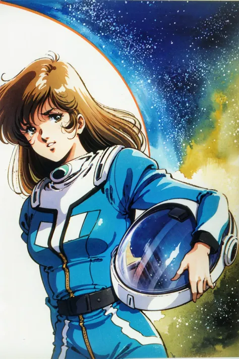 a science fiction pilot girl,brown hair,cleaveage,blue uniform,standing,holding a helmet,dynamic angle,in a spaceshipwatercolor \(medium\),retro artstyle,1980s style<lora:EMS-247059-EMS:1.000000>