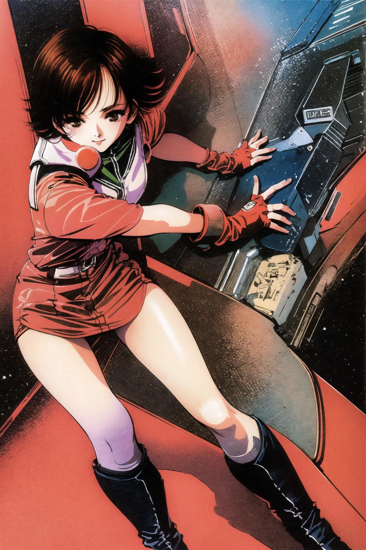 1girl, retro artstyle, 1980s (style), brown hair, solo, boots, gloves, short hair, science fiction, fingerless gloves, traditional media, pantyhose, mecha, painting (medium), brown eyes, <lora:msbqy:0.9>