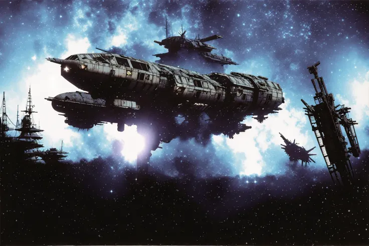 masterpiece, grimdark, retro sci-fi scenery, lens flare, nebula, stars, (in space, space), dark, ((panoramic,)) (derelict starship ((floating in space)) surrounded by metal debris), lifeless space hulk, dead spaceship, sci-fi, uhd, extremely detailed, 8k, intricate details, by Chris Foss, by John Berkey, by Jim Burns, no humans, <lora:Haruhiko Mikimoto_v30:0.7>