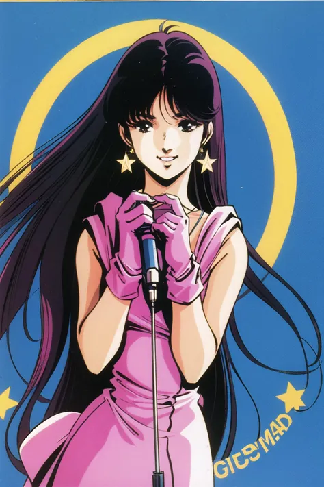 1girl, solo, long hair, black hair, microphone, gloves, jewelry, earrings, retro artstyle, 1980s (style), holding, space, black eyes, looking at viewer, holding microphone, copyright name, smile, blue background, upper body, star (symbol), pink gloves, character name, star (sky), very long hair, <lora:msbqy-000015:0.8>