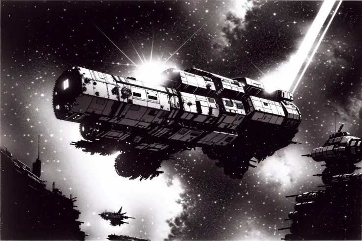 masterpiece, grimdark, retro sci-fi scenery, lens flare, nebula, stars, (in space, space), dark, ((panoramic,)) (derelict starship ((floating in space)) surrounded by metal debris), lifeless space hulk, dead spaceship, sci-fi, uhd, extremely detailed, 8k, intricate details, by Chris Foss, by John Berkey, by Jim Burns, no humans, <lora:Haruhiko Mikimoto_v30:0.7>