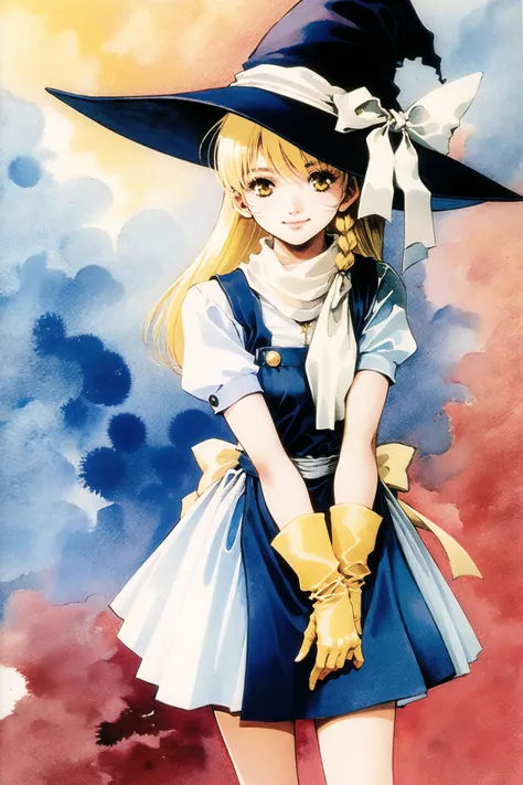 1girl, solo, kirisame marisa, hat, witch hat, broom, gloves, star (symbol), blonde hair, long hair, yellow eyes, fingerless gloves, braid, smile,  watercolor \(medium\),  <lora:ç¾æ æ¬æ´å½¦V3:1>