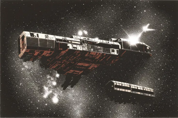 masterpiece, grimdark, retro sci-fi scenery, lens flare, nebula, stars, (in space, space), dark, ((panoramic,)) (derelict starship ((floating in space)) surrounded by metal debris), lifeless space hulk, dead spaceship, sci-fi, uhd, extremely detailed, 8k, intricate details, by Chris Foss, by John Berkey, by Jim Burns, no humans, <lora:Haruhiko Mikimoto_v30:0.7>