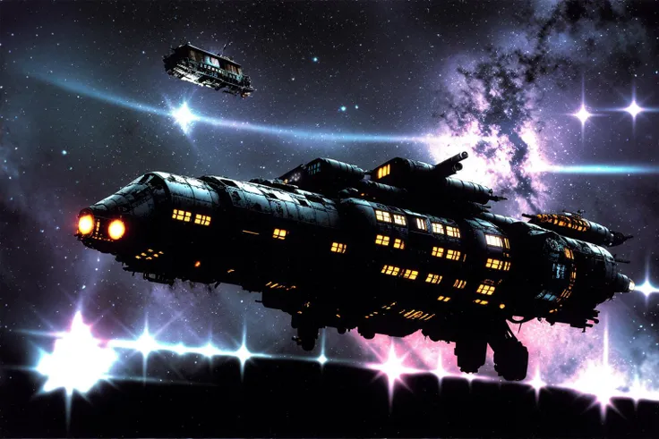 masterpiece, grimdark, retro sci-fi scenery, lens flare, nebula, stars, (in space, space), dark, ((panoramic,)) (derelict starship ((floating in space)) surrounded by metal debris), lifeless space hulk, dead spaceship, sci-fi, uhd, extremely detailed, 8k, intricate details, by Chris Foss, by John Berkey, by Jim Burns, no humans, <lora:Haruhiko Mikimoto_v30:0.7>