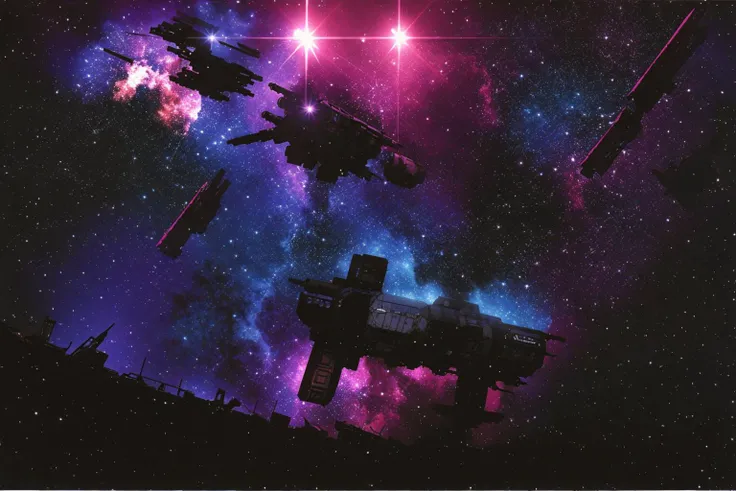 masterpiece, grimdark, retro sci-fi scenery, lens flare, nebula, stars, (in space, space), dark, ((panoramic,)) (derelict starship ((floating in space)) surrounded by metal debris), lifeless space hulk, dead spaceship, sci-fi, uhd, extremely detailed, 8k, intricate details, <lora:Haruhiko Mikimoto_v30:0.8>