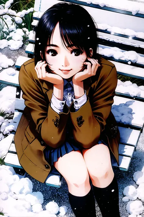 1girl, solo, black hair, sitting, looking up, snow, from above, skirt, smile, school uniform, head rest, looking at viewer, snowing, soaking feet, jacket, black eyes, short hair, brown eyes, lips, <lora:msbqy-000015:0.8>