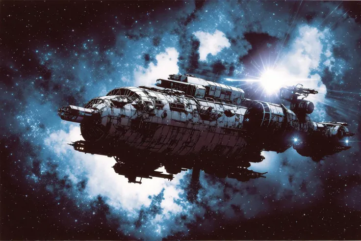 masterpiece, grimdark, retro sci-fi scenery, lens flare, nebula, stars, (in space, space), dark, ((panoramic,)) (derelict starship ((floating in space)) surrounded by metal debris), lifeless space hulk, dead spaceship, sci-fi, uhd, extremely detailed, 8k, intricate details, by Chris Foss, by John Berkey, by Jim Burns, no humans, <lora:Haruhiko Mikimoto_v30:0.7>