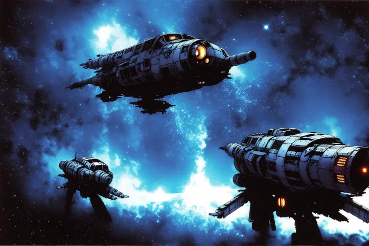 masterpiece, grimdark, retro sci-fi scenery, lens flare, nebula, stars, (in space, space), dark, ((panoramic,)) (derelict starship ((floating in space)) surrounded by metal debris), lifeless space hulk, dead spaceship, sci-fi, uhd, extremely detailed, 8k, intricate details, by Chris Foss, by John Berkey, by Jim Burns, no humans, <lora:Haruhiko Mikimoto_v30:0.7>