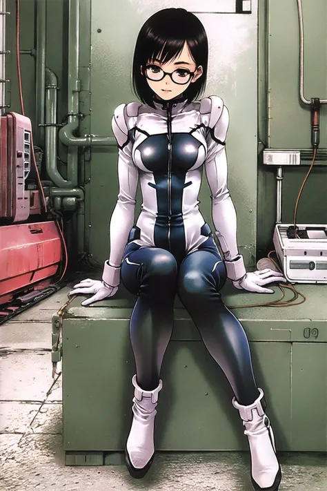 1girl, glasses, cable, bodysuit, black hair, solo, sitting, short hair, science fiction, robot, breasts, mecha, plugsuit, <lora:msbqy-000015:0.8>