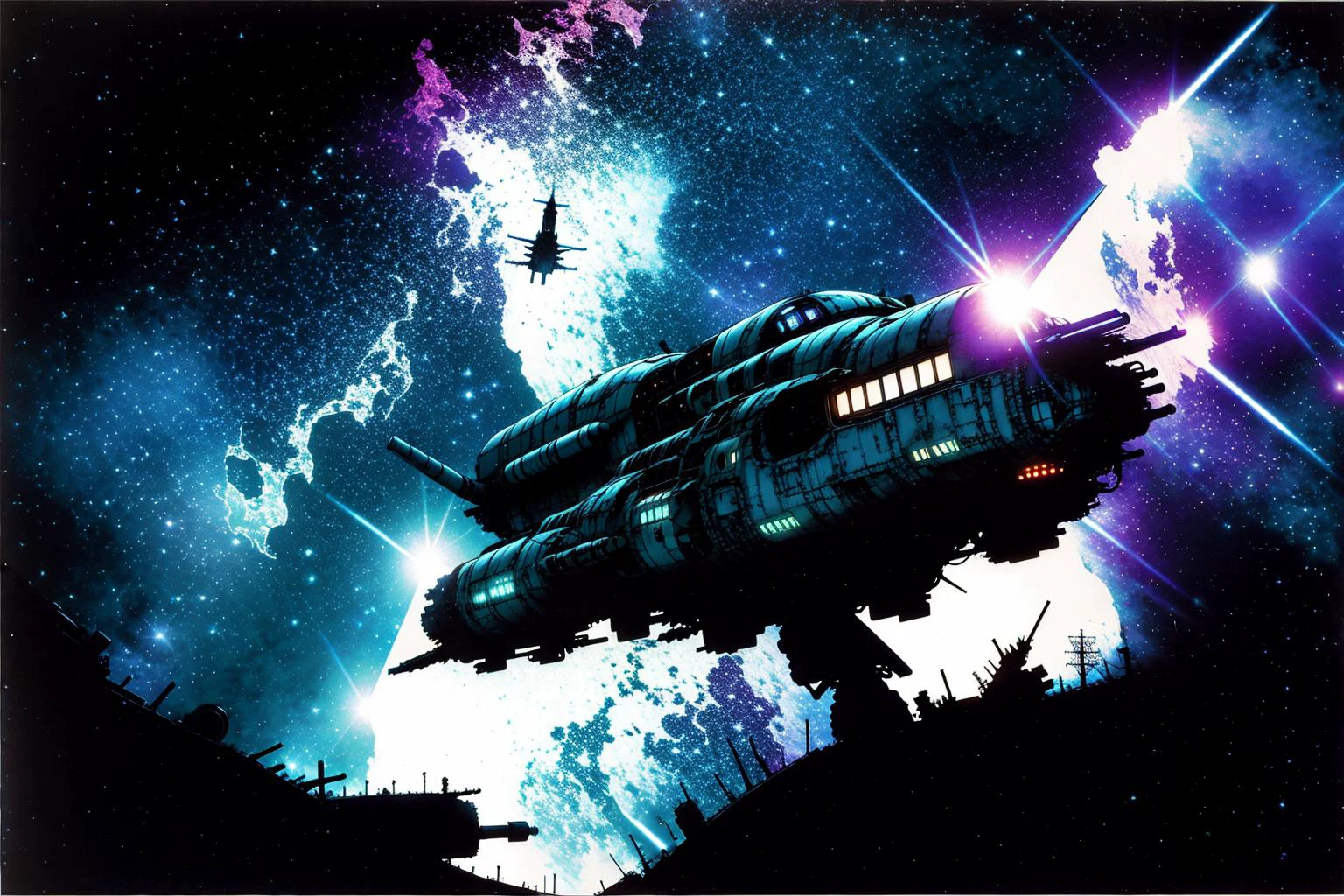 masterpiece, grimdark, retro sci-fi scenery, lens flare, nebula, stars, (in space, space), dark, ((panoramic,)) (derelict starship ((floating in space)) surrounded by metal debris), lifeless space hulk, dead spaceship, sci-fi, uhd, extremely detailed, 8k, intricate details, by Chris Foss, by John Berkey, by Jim Burns, no humans, <lora:Haruhiko Mikimoto_v30:0.7>