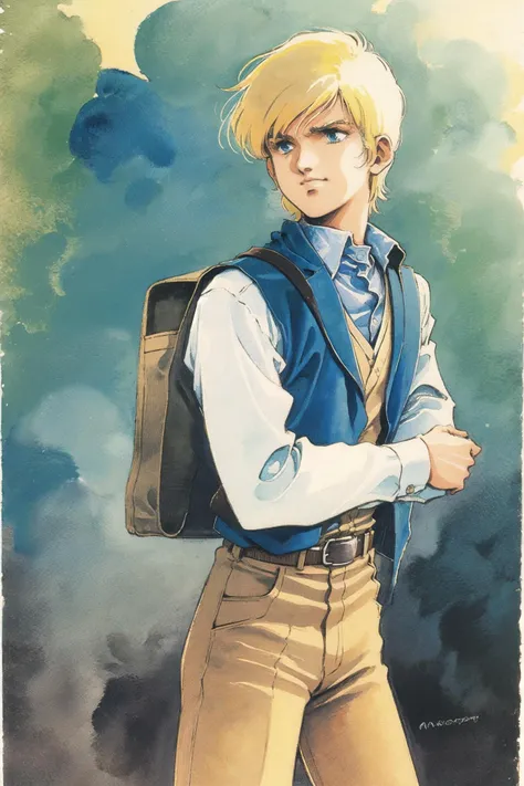 solo, blonde hair, male focus, 1boy, blue eyes, vest, watercolor (medium), painting (medium), traditional media, pants, long sleeves, short hair, retro artstyle, shirt, belt,watercolor \(medium\),  <lora:ç¾æ æ¬æ´å½¦V3:1>