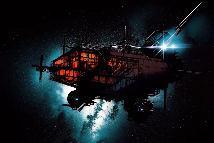 masterpiece, grimdark, retro sci-fi scenery, lens flare, nebula, stars, (in space, space), dark, ((panoramic,)) (derelict starship ((floating in space)) surrounded by metal debris), lifeless space hulk, dead spaceship, sci-fi, uhd, extremely detailed, 8k, intricate details, by Chris Foss, by John Berkey, by Jim Burns, no humans, <lora:Haruhiko Mikimoto_v30:0.7>
