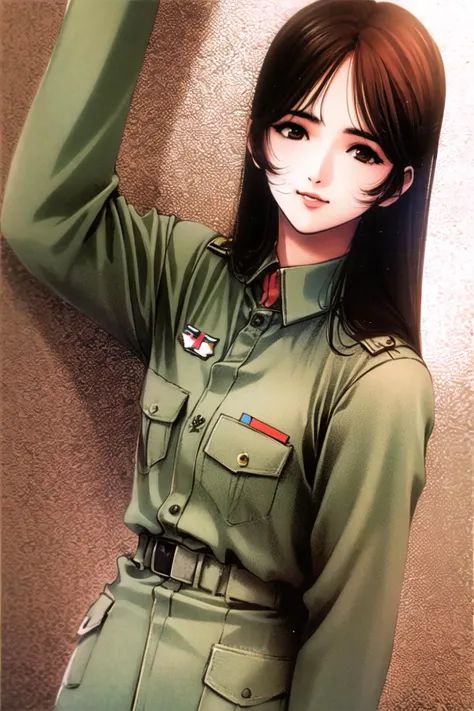 1girl, solo, brown hair,military, retro artstyle, military uniform, long hair, realistic,<lora:msbqy:0.9>